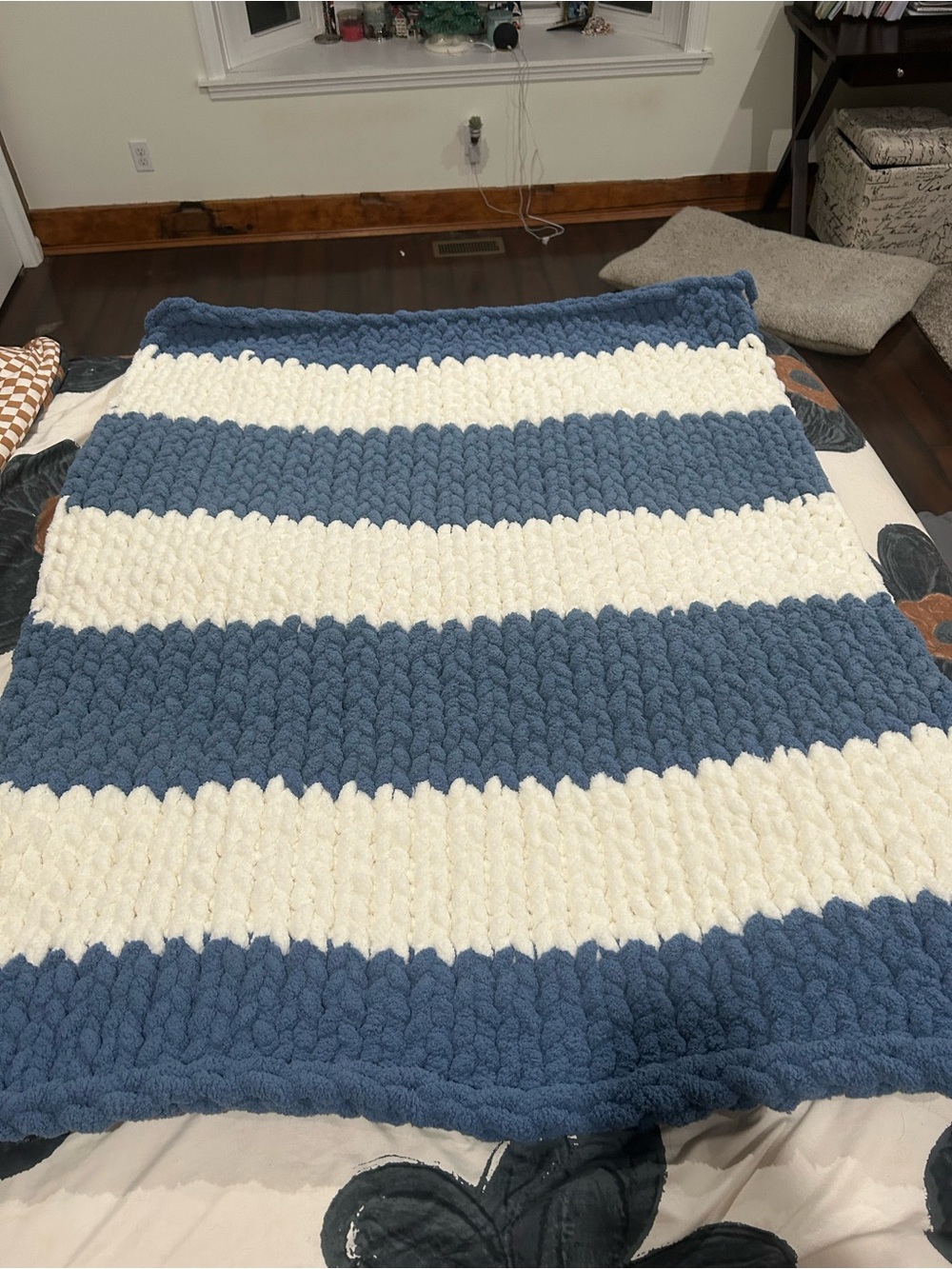 Chunky Knit Blue and Cream Striped Throw Blanket. Handmade